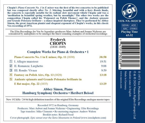 CD-Rückseite: Chopin-Konzert Nr. 1, Abbey Simon, Hamburg Symphony Orchestra.
