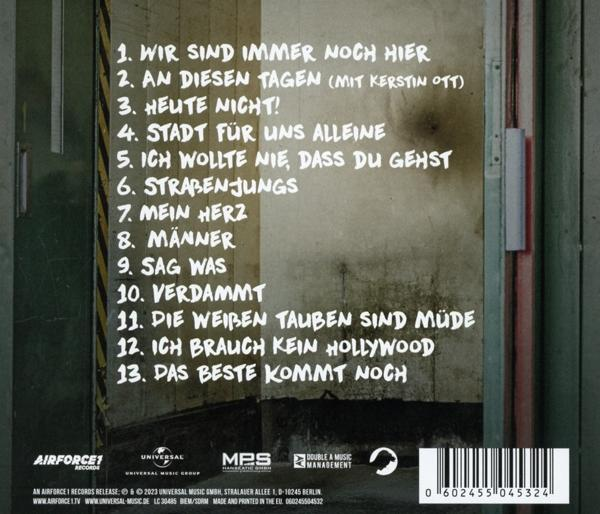 Rückseite einer CD mit Liste deutscher Songtitel und Credits, vor strukturiertem Hintergrund.