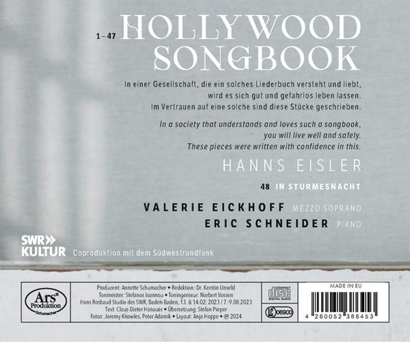Albumcover mit Text: Hollywood Songbook, Hanns Eisler, Valerie Eickhoff, Eric Schneider.