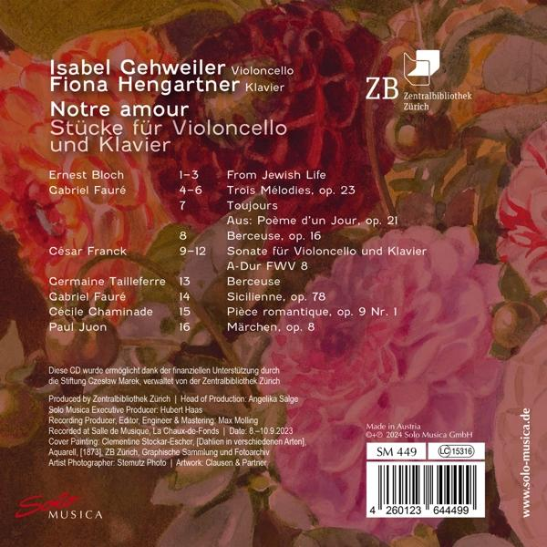 CD-Cover mit Werkliste für Violoncello und Klavier, aufgeführt von Isabel Gehweiler und Fiona Hengartner.