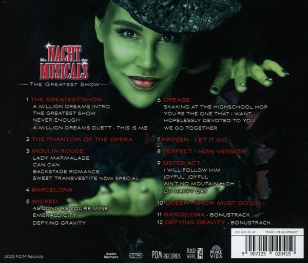 CD-Cover mit einer Frau mit grünem Make-up, Showtiteln und einer Titelliste.