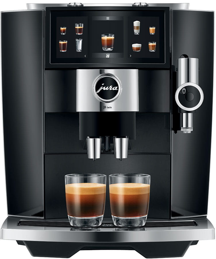 Eine schwarze Jura Kaffeemaschine mit Touchscreen und zwei Gläsern mit Kaffee. Es gibt eine silberne Platte.