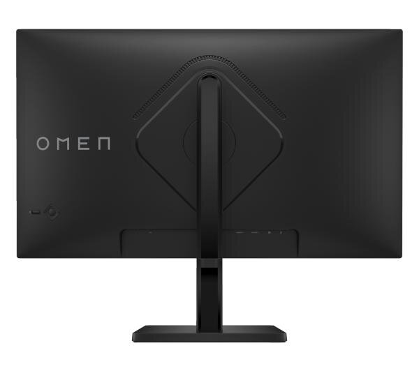 Tył czarnego monitora gamingowego OMEN ze stojakiem, portami i logo OMEN.