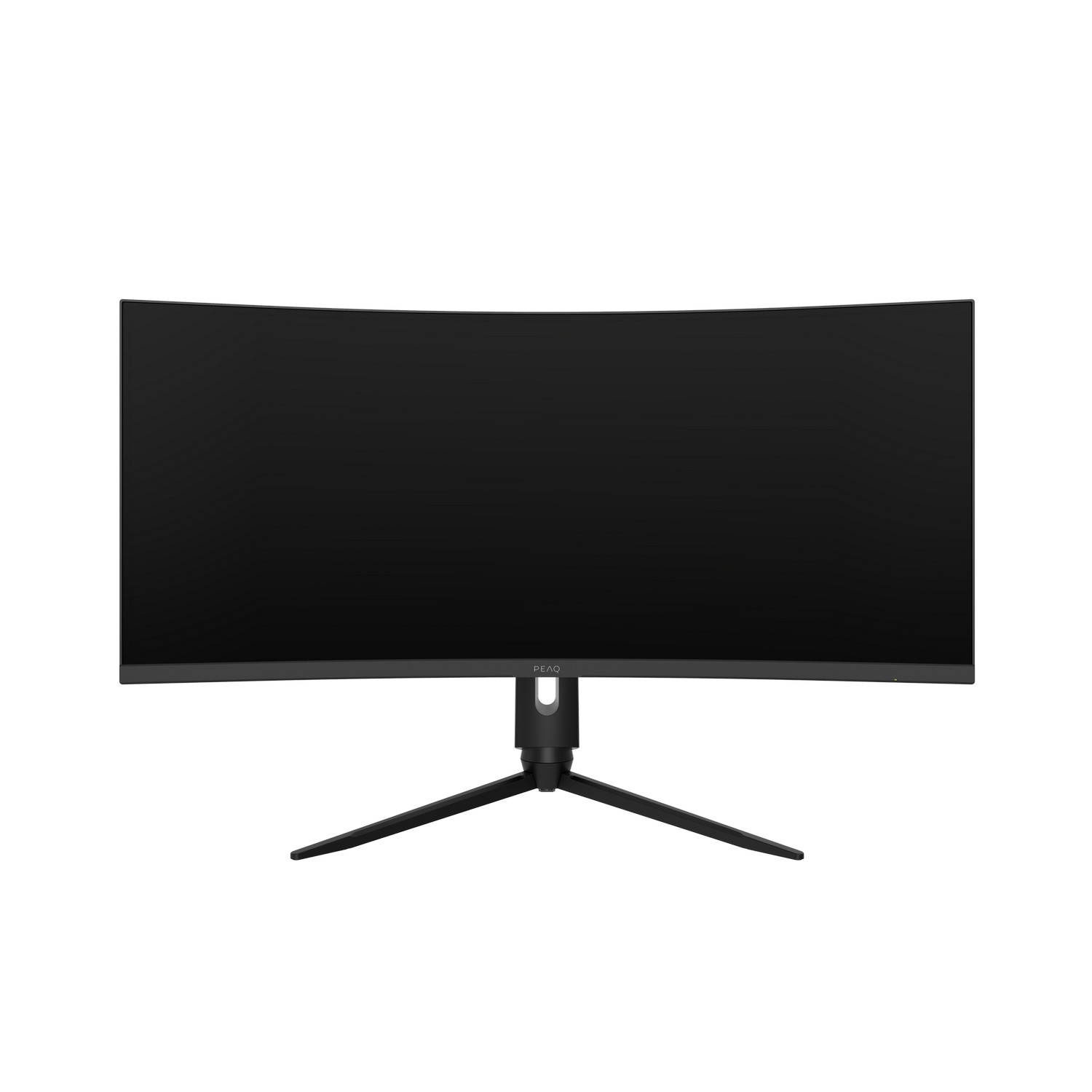 A curved black computer monitor with a black stand.