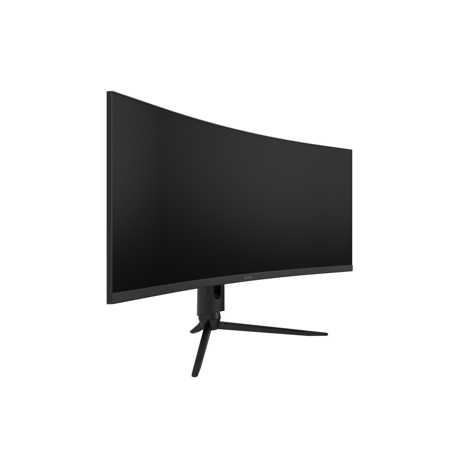 Curved black computer monitor with a black stand, isolated on white background, angled view.