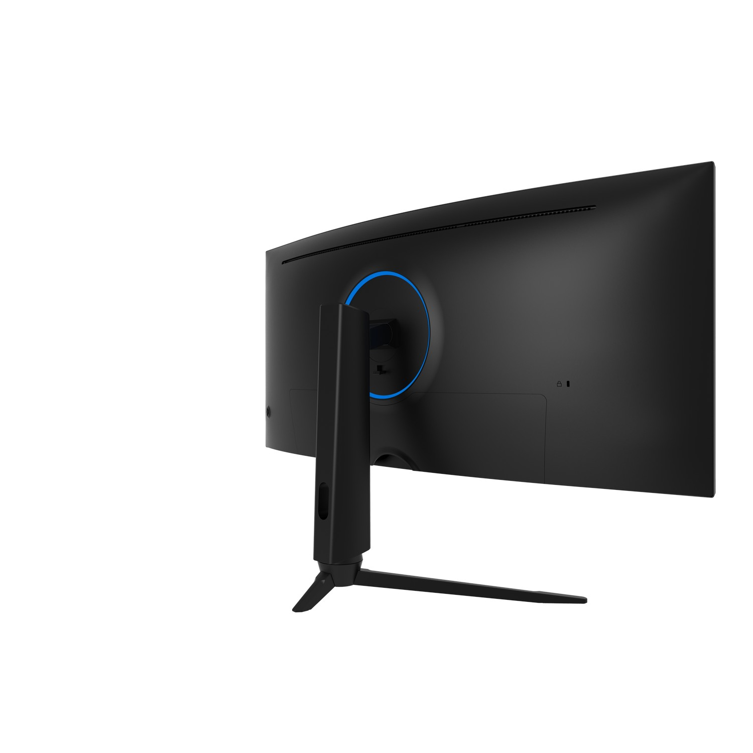 Back view of a curved black monitor with a stand and a blue ring.