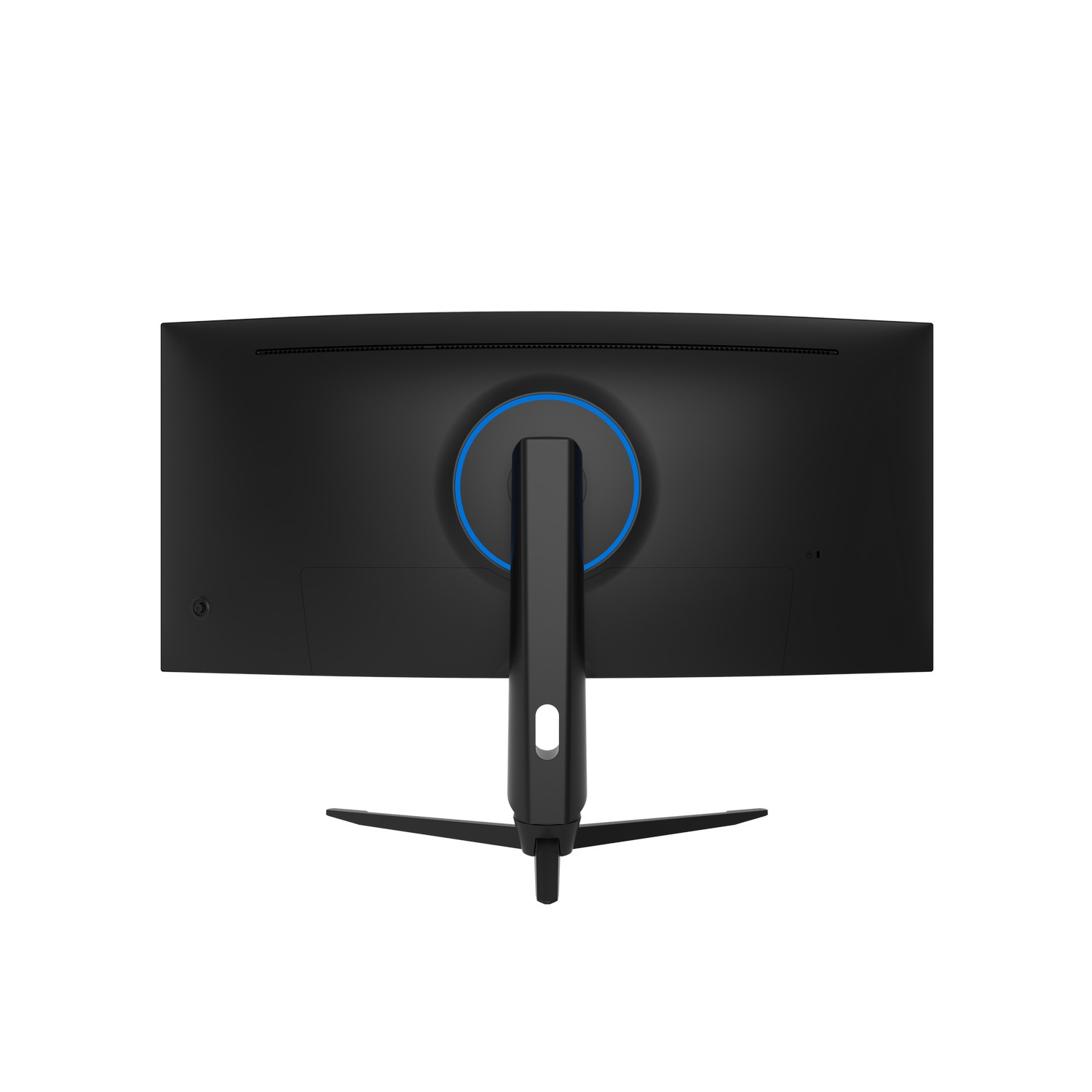 Rear view of a black monitor with a stand. A blue circle surrounds the stand's connection point.