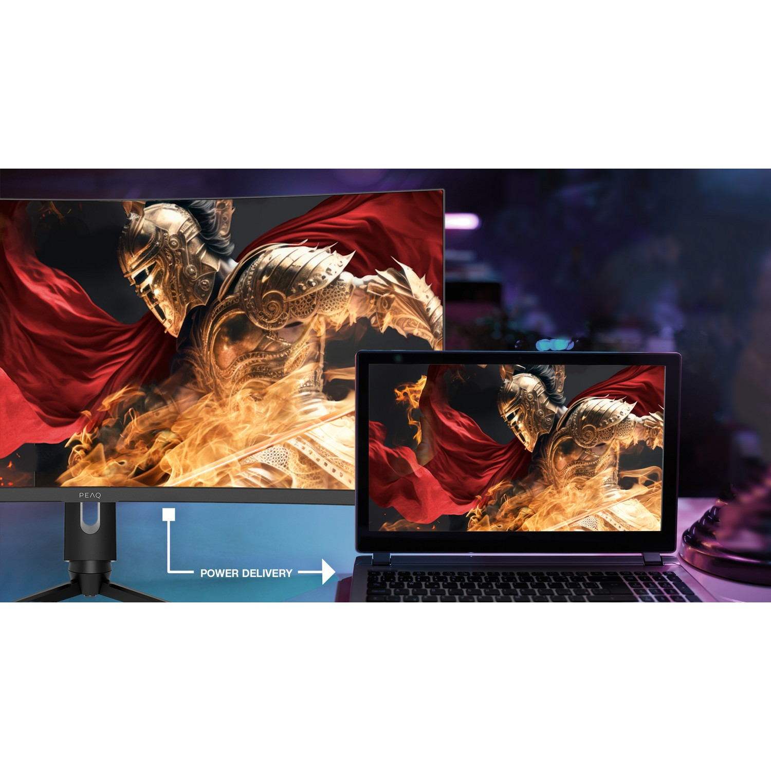 Gaming setup: curved monitor and laptop showing a knight in flames. Power delivery.