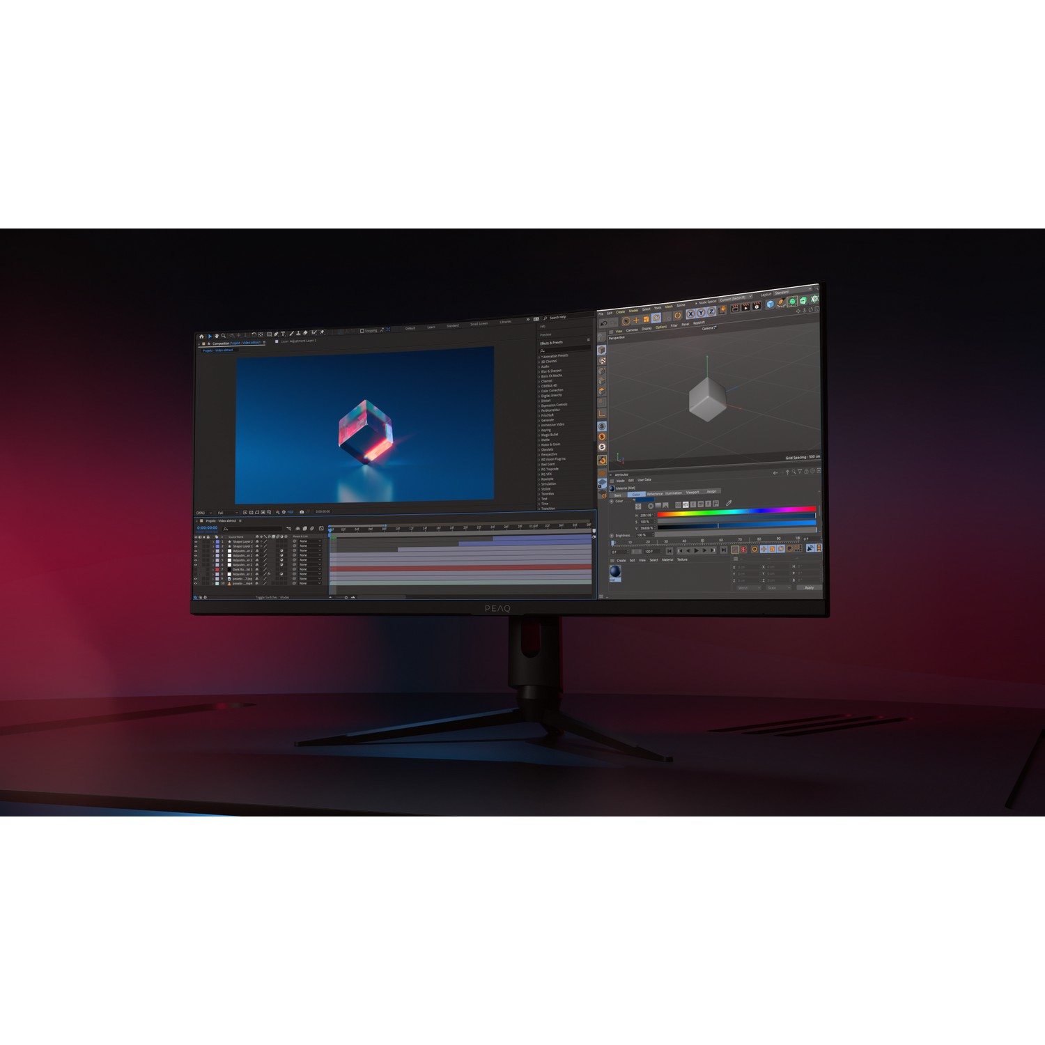 A curved monitor displaying a 3D rendering and video editing interface.