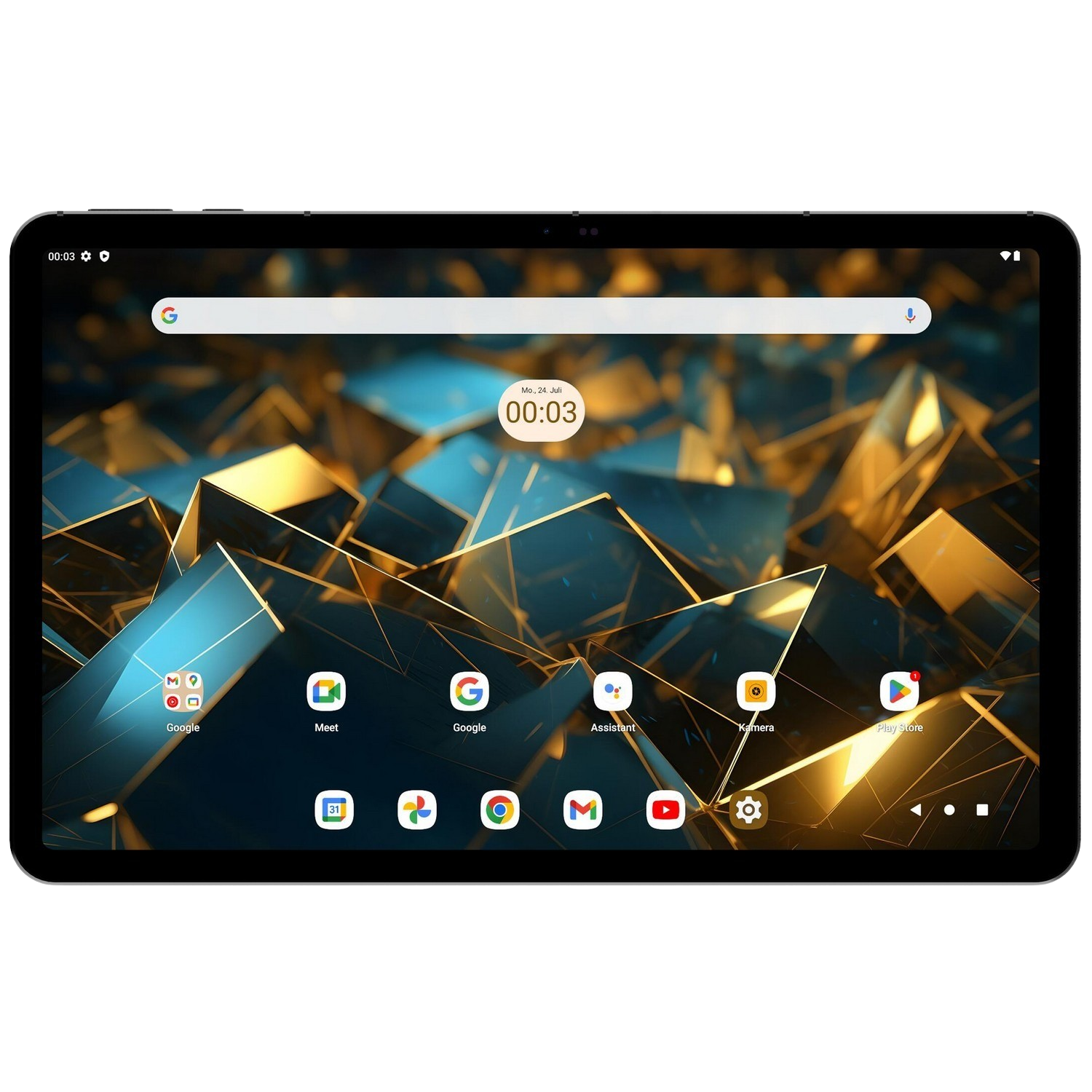 Tablet met donker scherm waarop een webpagina met een zoekbalk en app-iconen wordt weergegeven.