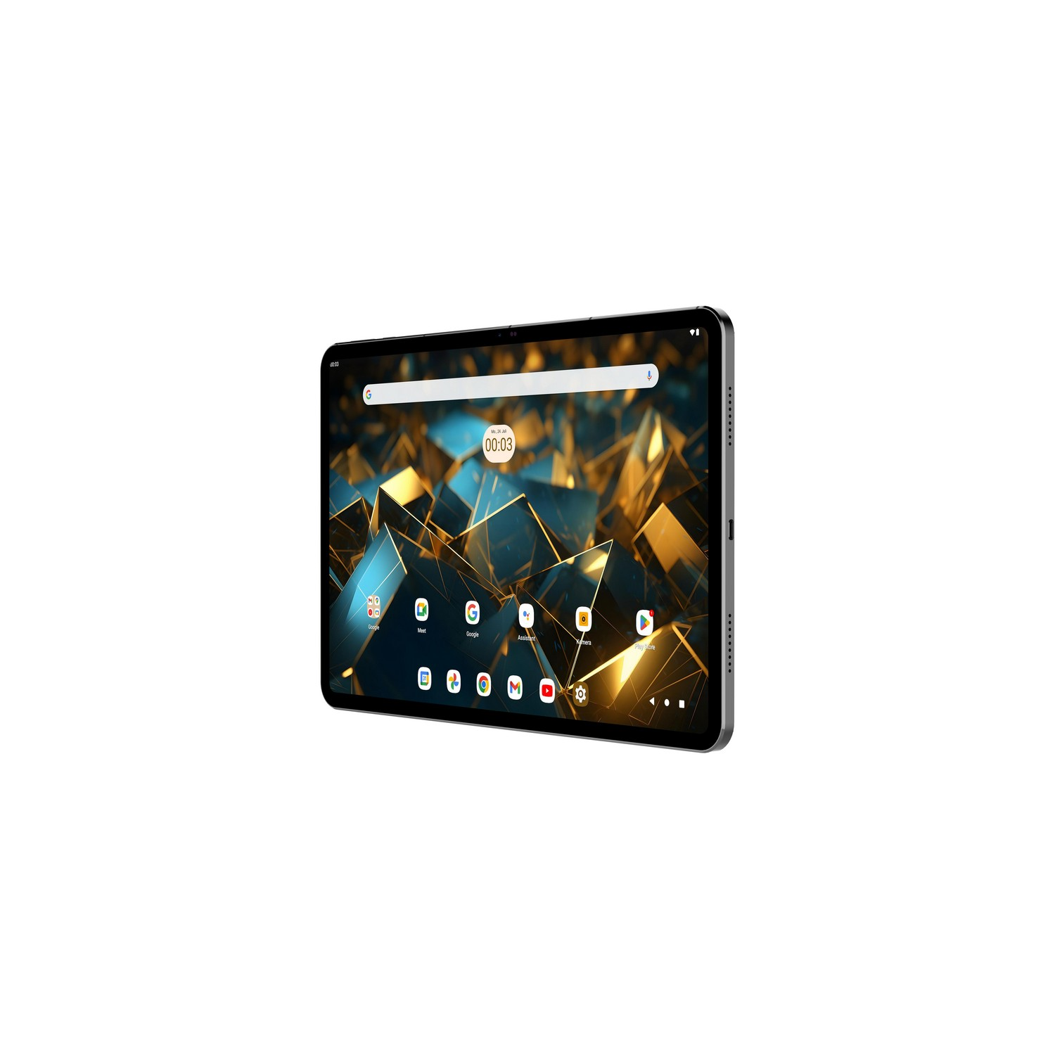 Tablet met zwart frame, met een startscherm met app-iconen en tijd bovenaan.