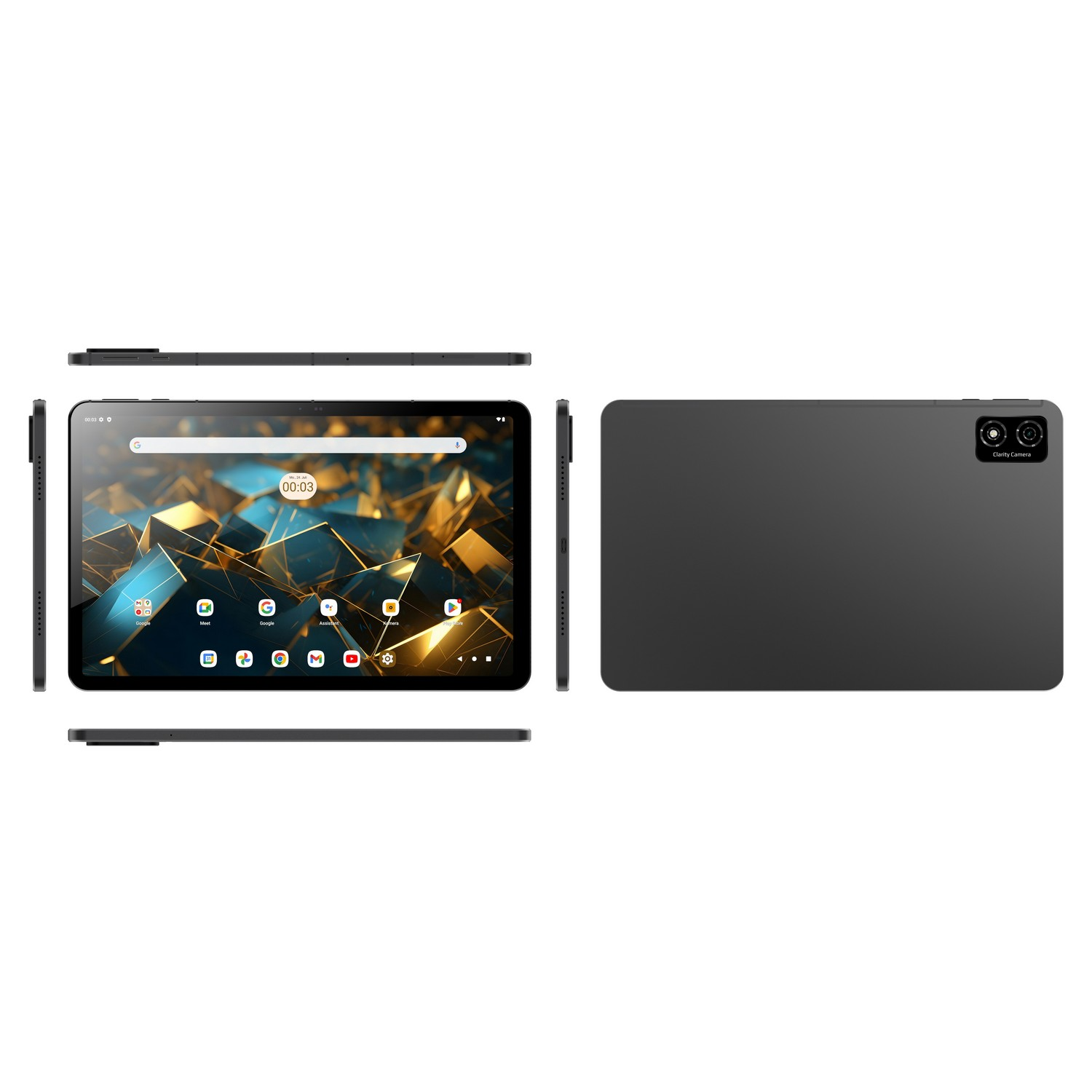 Zwarte tabletcomputer. Het wordt vanuit verschillende hoeken getoond, inclusief het scherm aan de voorkant en de zijkanten.