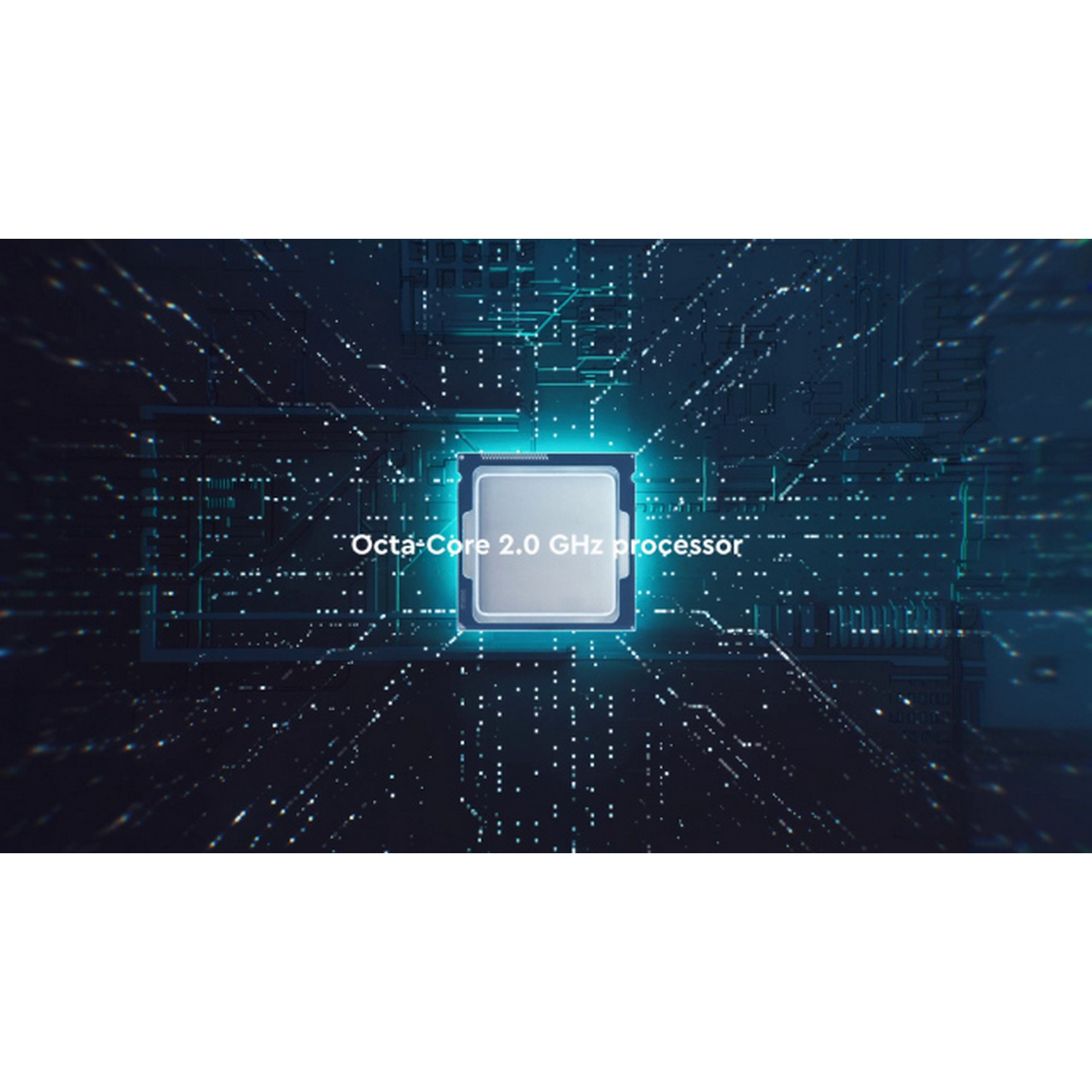 Een close-up van een computerchip met lichtlijnen en de tekst 'Octa-Core 2.0 GHz processor'.