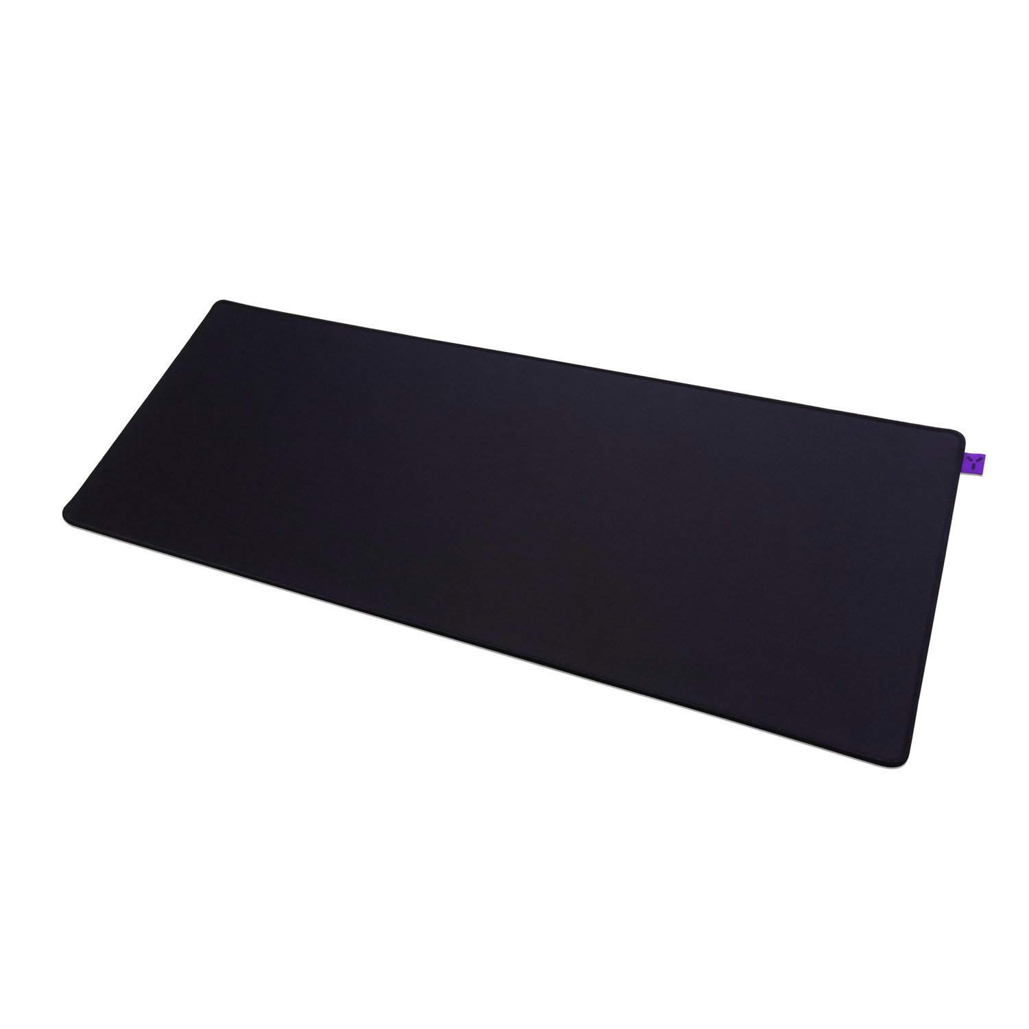 A black mousepad with a purple logo accent on a white background.