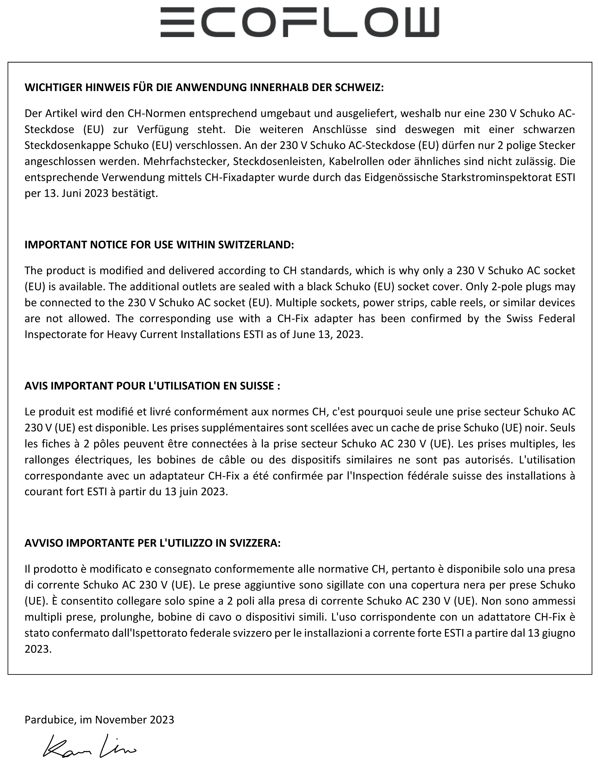 Un documento con testo in tedesco, inglese e francese sull'uso di un adattatore CH-Fix.