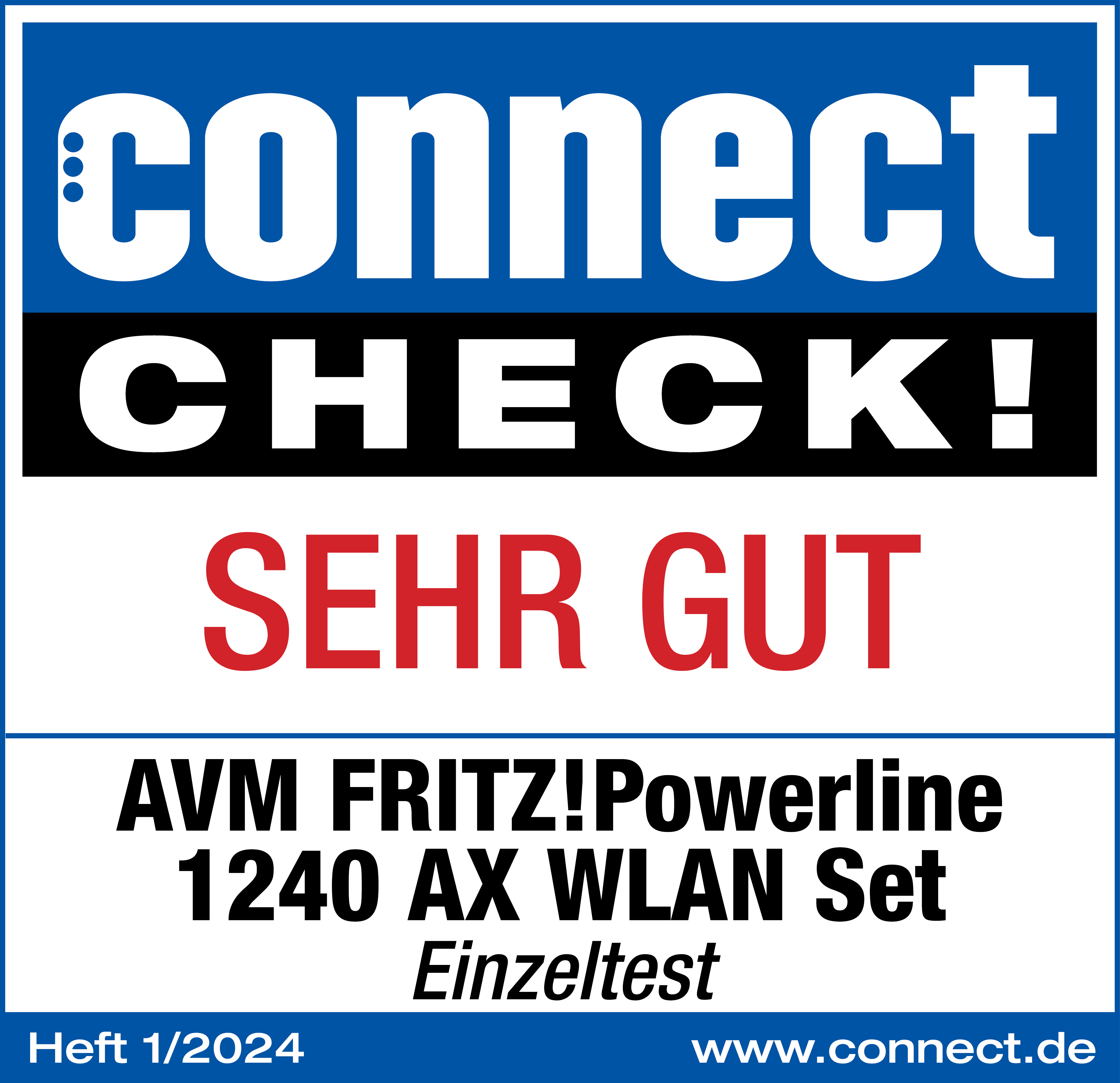 Connect Check Logo mit 'SEHR GUT' für AVM FRITZ!Powerline 1240 AX WLAN Set.