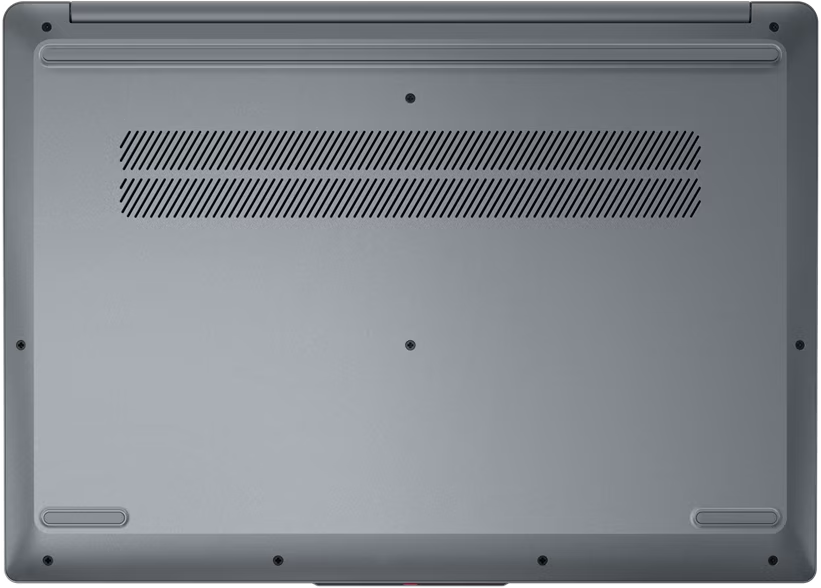 Die Unterseite eines grauen Laptops. Es hat ein Lüftungsgitter mit schwarzen Linien, mehrere kleine Schrauben und zwei Gummifüße.
