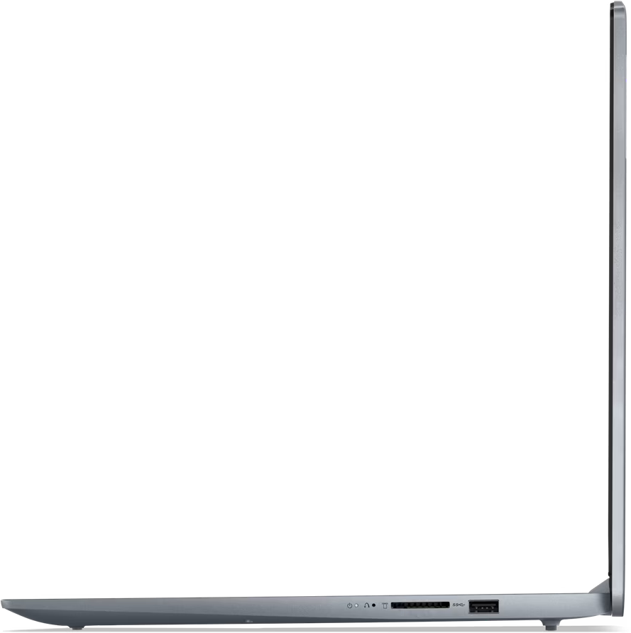 Seitenansicht eines silbernen Laptops vor schwarzem Hintergrund. Der Laptop ist geschlossen und zeigt Anschlüsse und einen Einschaltknopf.