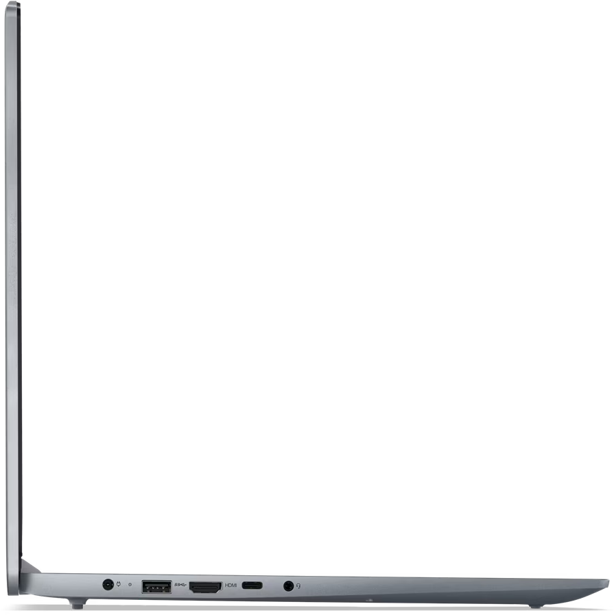 Seitenansicht eines silbernen Laptops mit schwarzem Bildschirm. Anschlüsse: USB, HDMI und Kopfhöreranschluss.