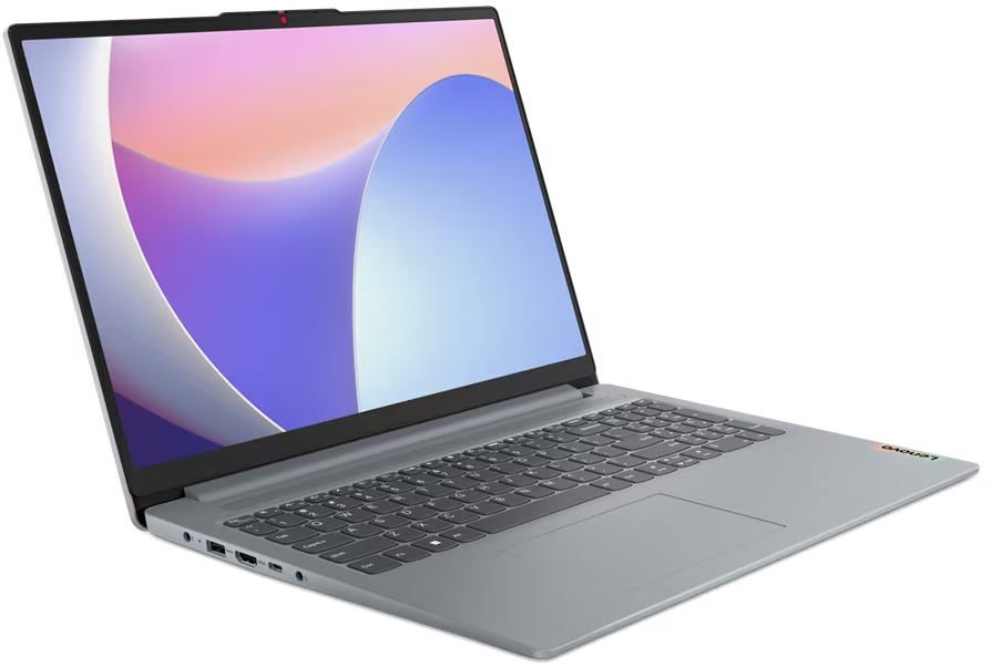 Ein Lenovo-Laptop ist im Winkel auf schwarzem Hintergrund abgebildet. Der Bildschirm zeigt ein farbenfrohes abstraktes Design. Die Tastatur ist sichtbar.