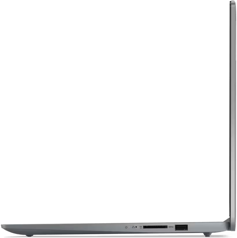 Seitenansicht eines grauen Laptops, zeigt das Profil mit Anschlüssen und geschlossenem Deckel.