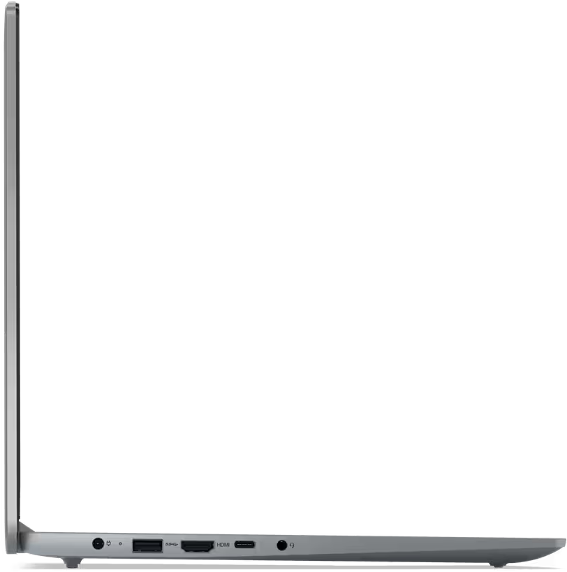 Seitenansicht eines grauen Laptops. Anschlüsse an der Seite sichtbar.