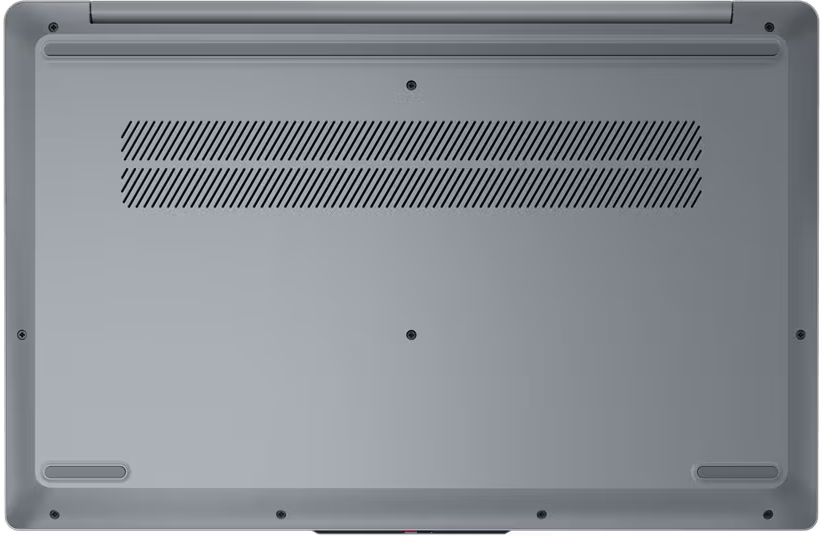 Unteransicht eines grauen Laptops mit Lüftungsschlitzen und Schrauben.