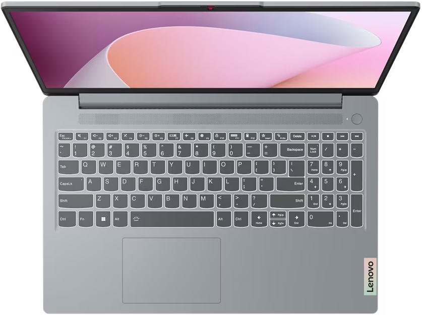 Laptop von oben, mit Tastatur. Das Display ist oben, mit farbenfrohem Hintergrund.