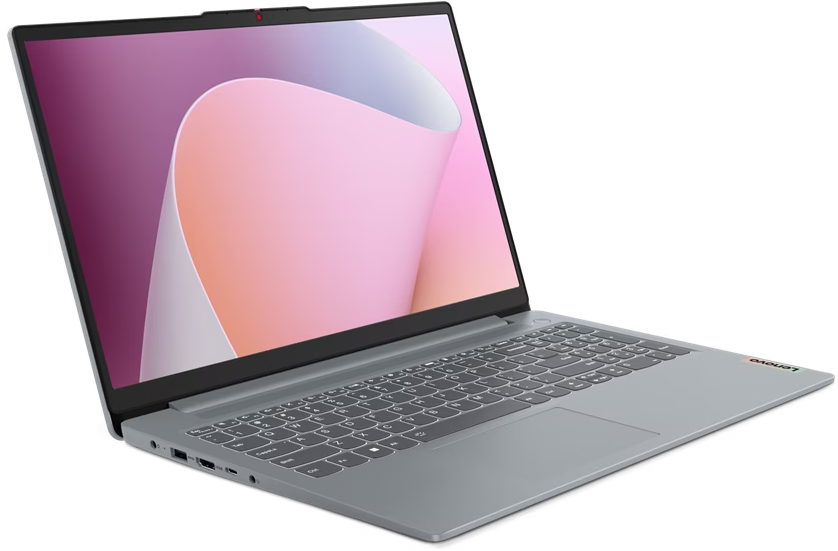 Ein grauer Laptop, der geöffnet ist und einen hellrosa und lilafarbenen Farbverlaufshintergrund zeigt.
