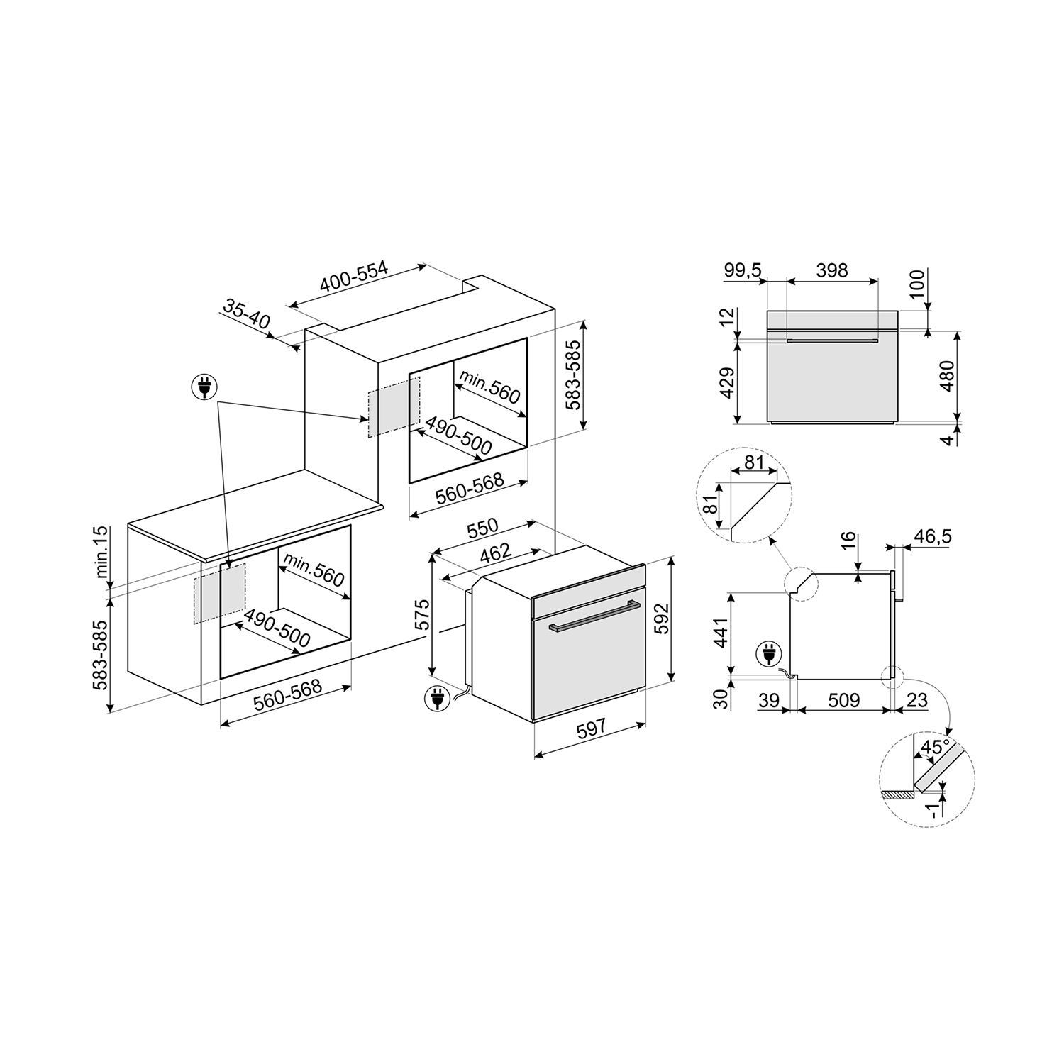 Disegno tecnico di un forno a incasso, che mostra dimensioni e dettagli di installazione su sfondo bianco.