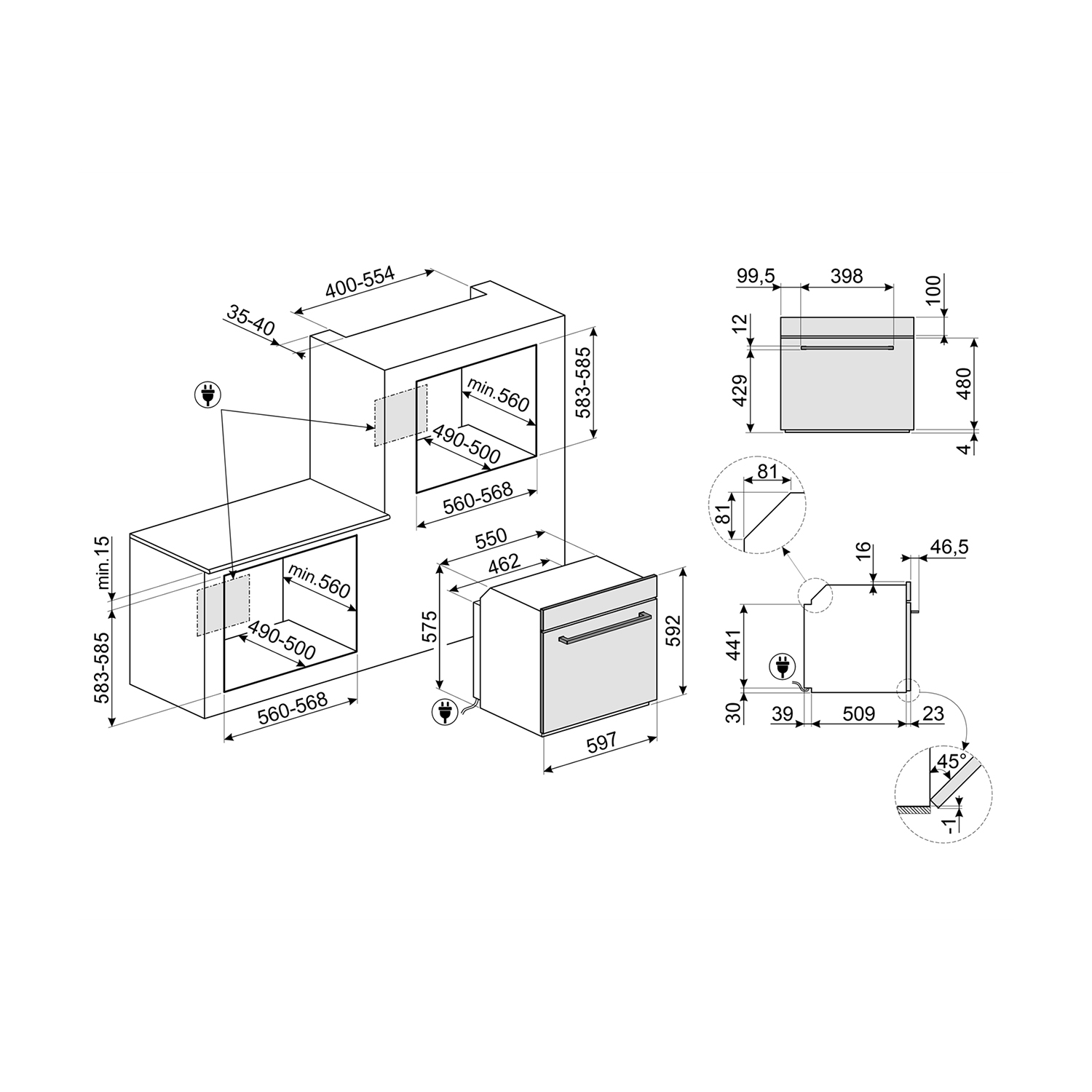 Diagramma del forno e delle dimensioni circostanti. Include dimensioni ed etichette in mm.