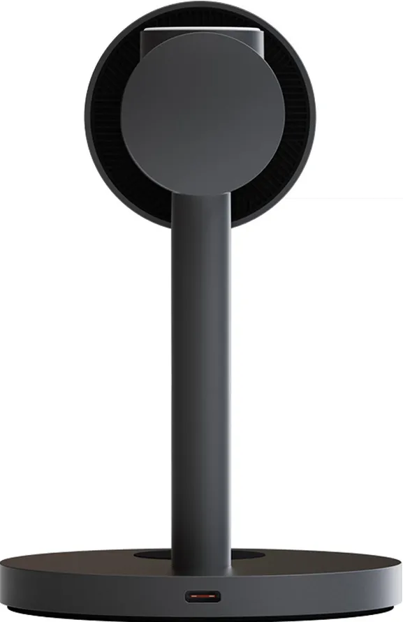 Ventilateur cylindrique noir sur une base circulaire avec port de charge rouge. Fond blanc.