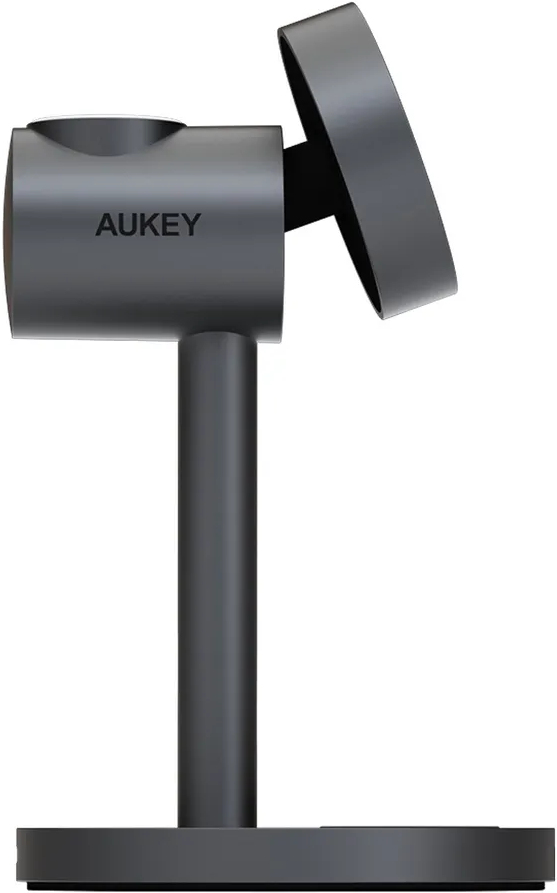 Un support de bureau Aukey gris foncé avec le logo Aukey, isolé sur fond blanc.