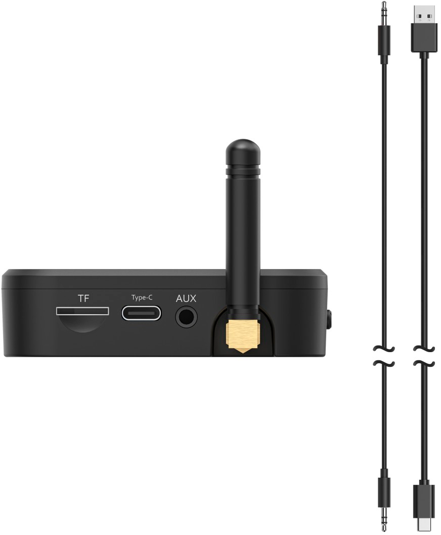 Appareil noir avec antenne et plusieurs ports. Deux câbles sont attachés.