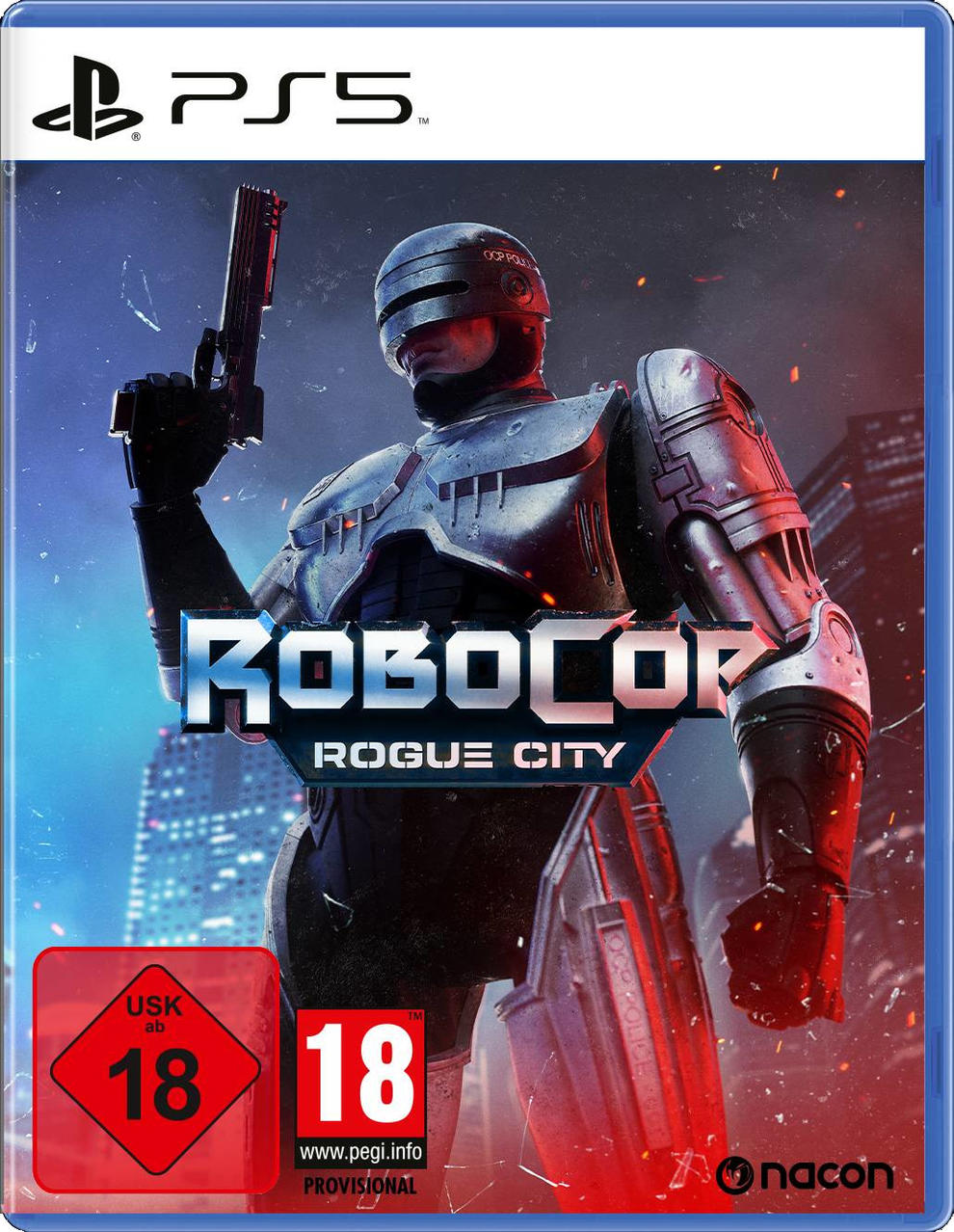 PS5-Spielbox, RoboCop: Rogue City. Ein futuristischer Cyborg mit Waffe auf dem Cover. USK 18-Rating.
