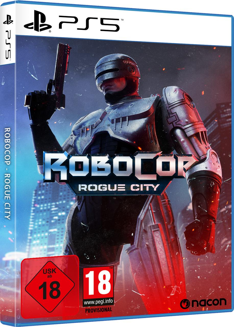 RoboCop-Videospiel-Cover für PS5. RoboCop hält eine Waffe, Stadt im Hintergrund.