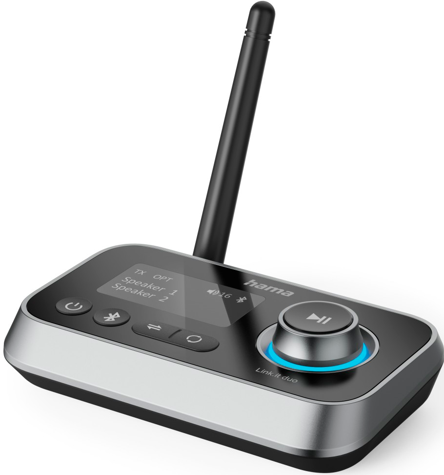 Émetteur audio noir et argent avec un écran, un cadran et une antenne.