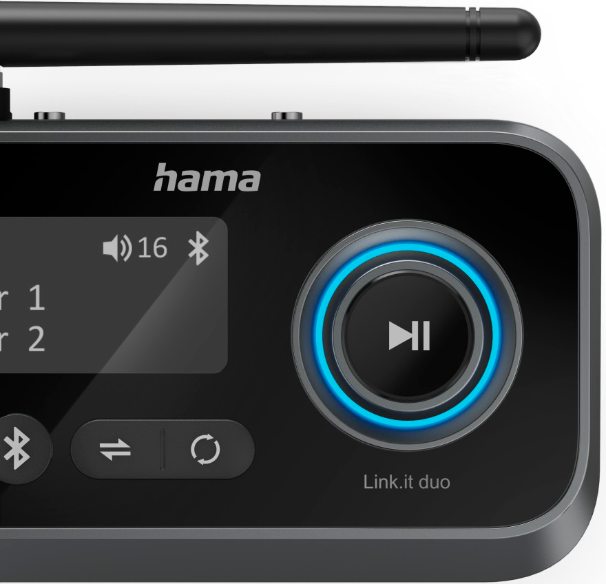 Gros plan d'un appareil Hama Link.it duo noir et gris avec un bouton lecture/pause.
