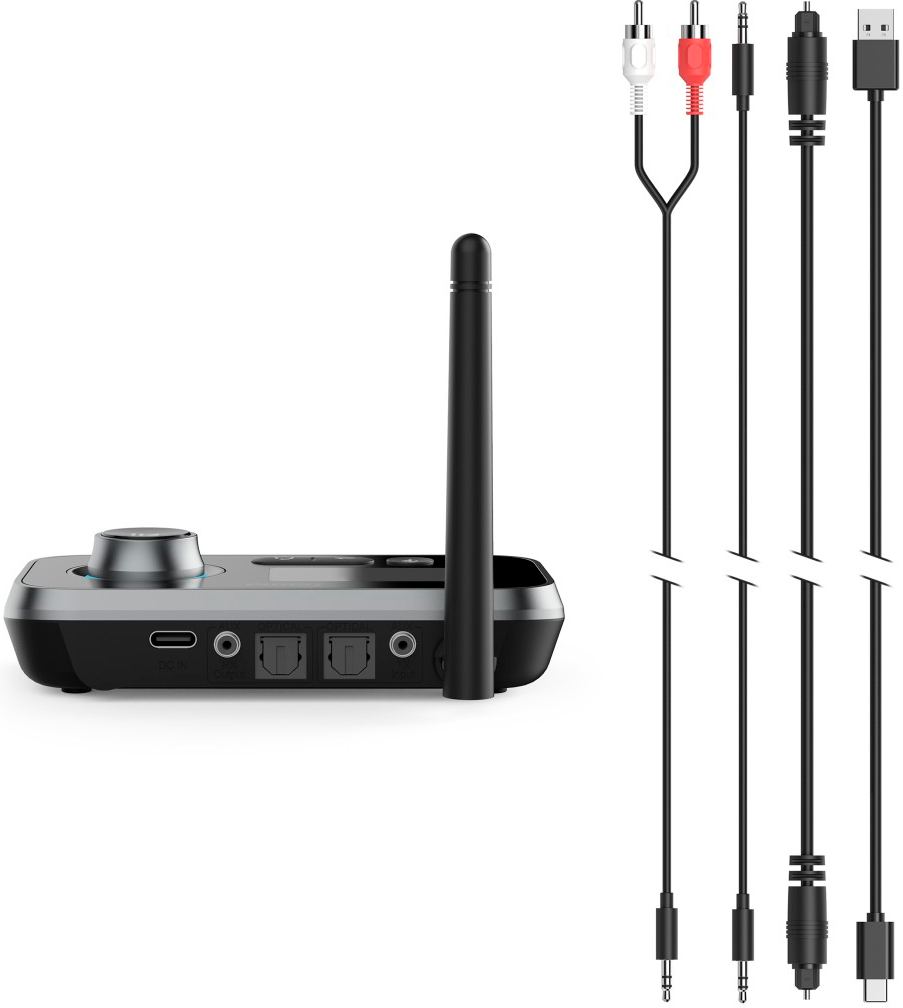 Récepteur audio avec antenne et plusieurs câbles : RCA, 3,5 mm, optique et USB.