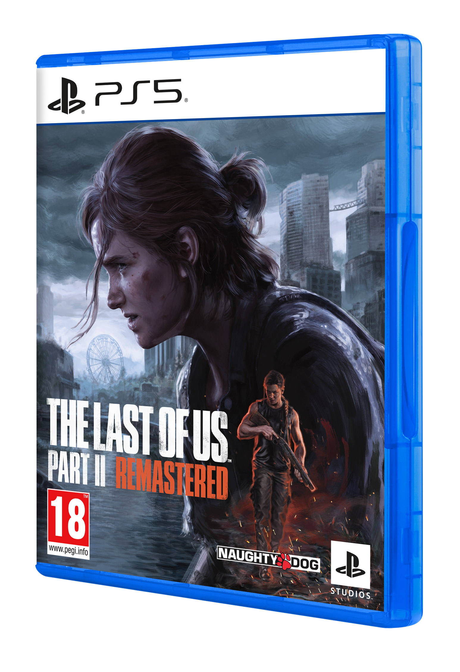 The Last of Us Part II Remastered Spielhülle, blauer Rand, mit dem Spielcover.