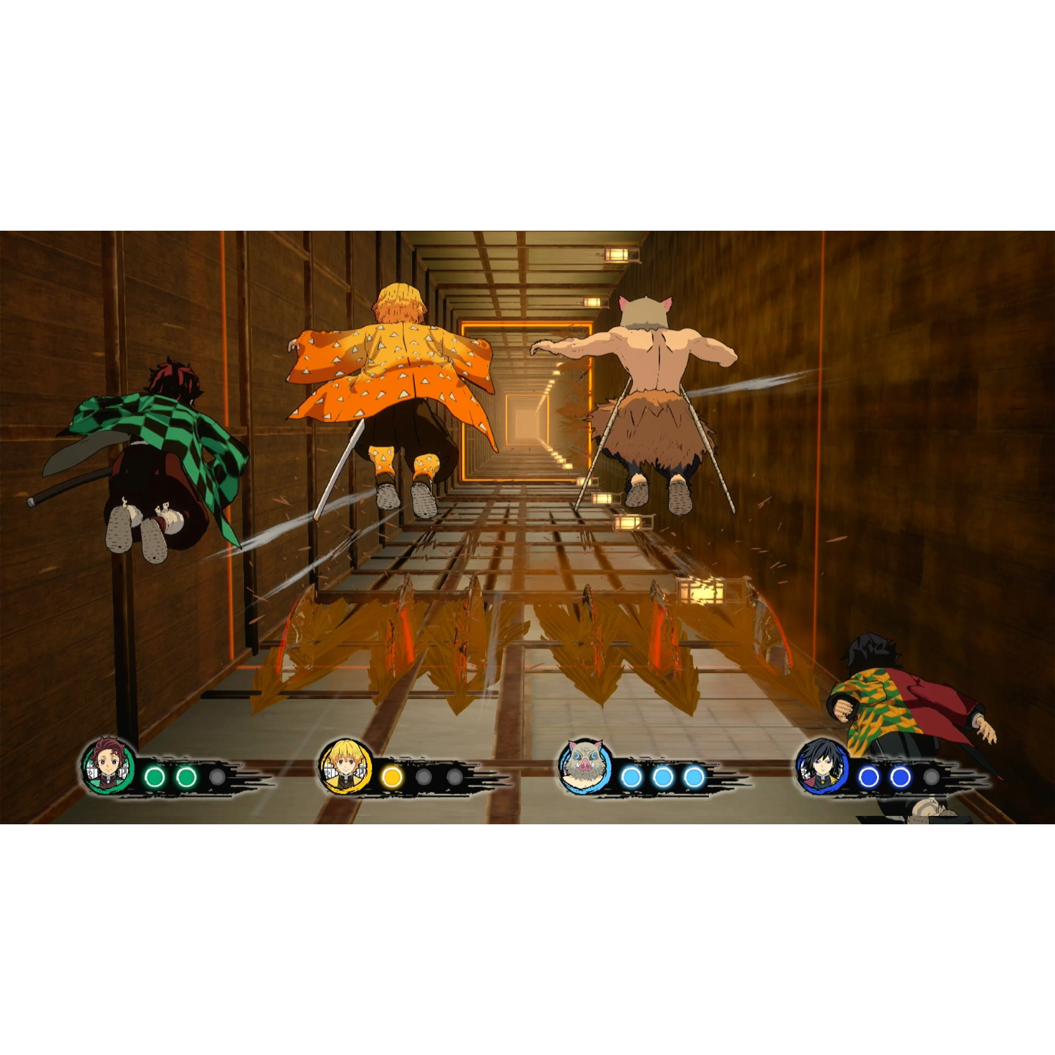 Spelscène met personages die door een gang springen.