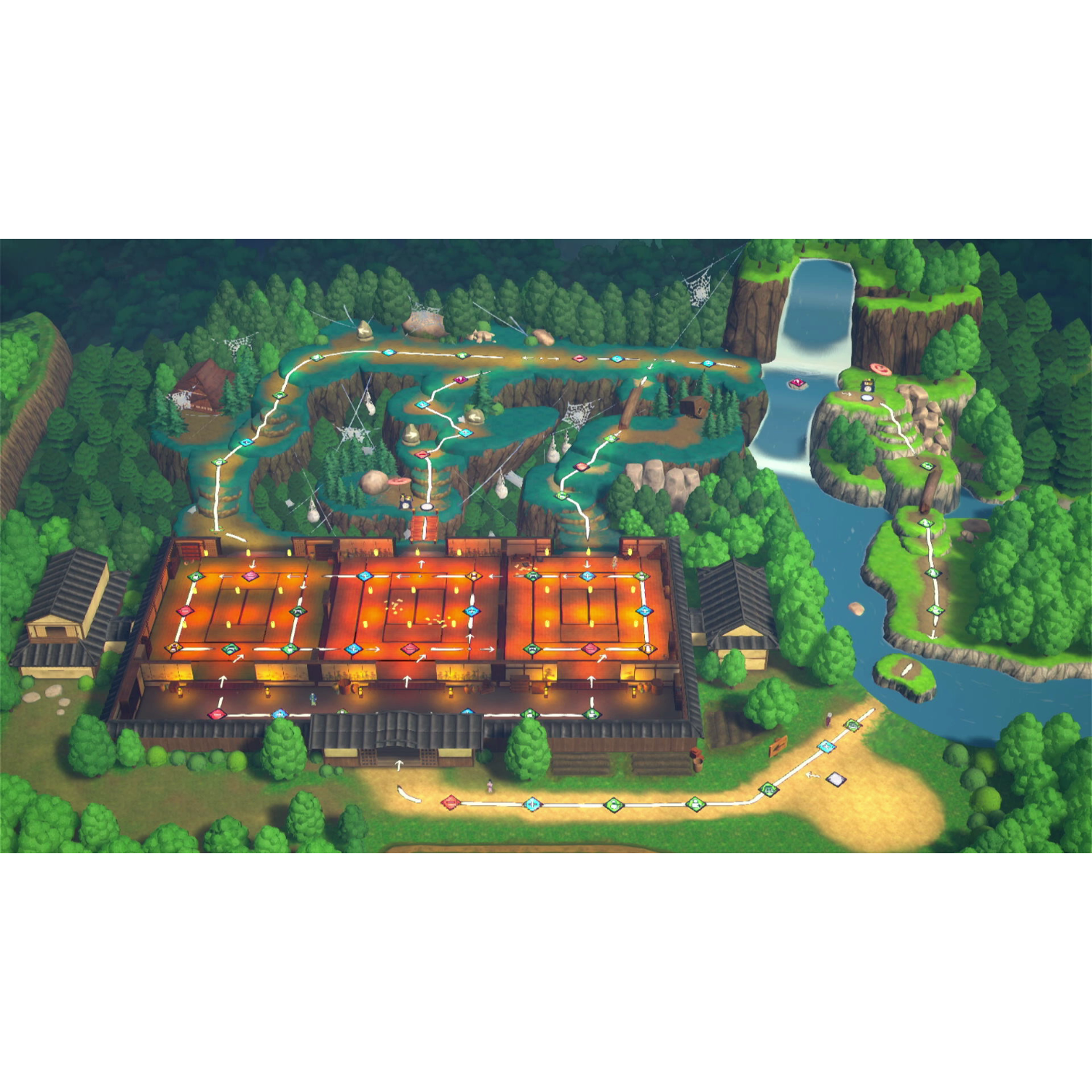 Bovenaanzicht van een spelkaart. Toont een uitgebreid parcours met gebouwen, water en bomen.