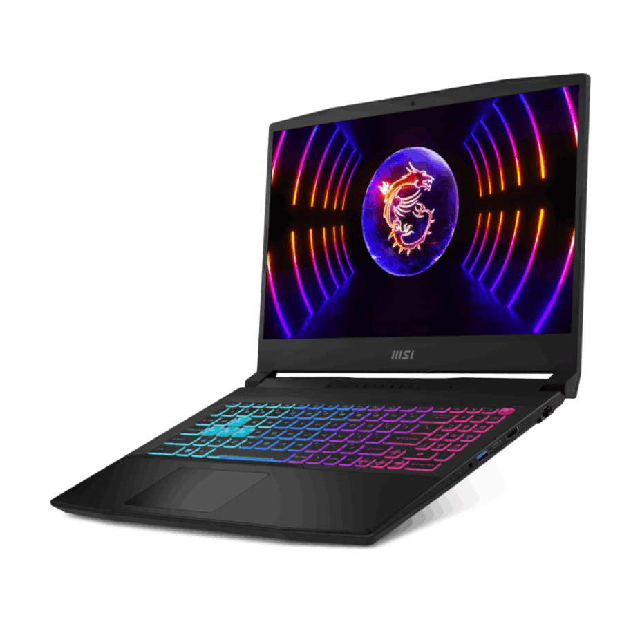 Portátil negro con pantalla vibrante que muestra un logo de dragón y luces coloridas.