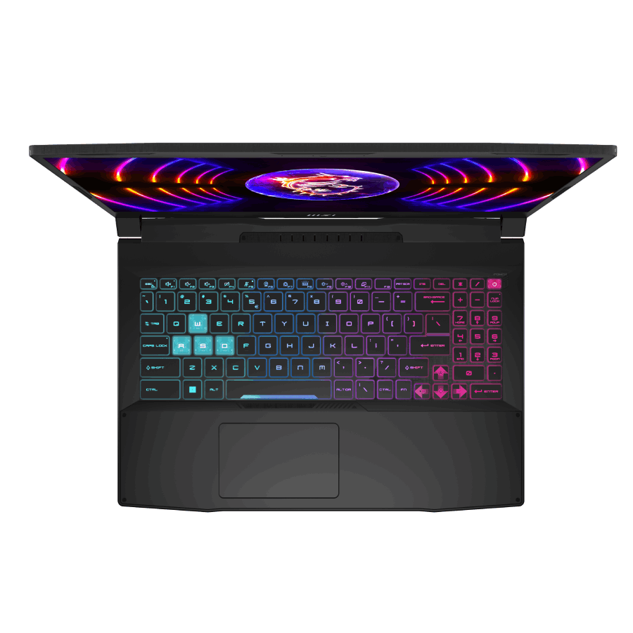 Ordenador portátil, vista superior, teclado con luces de colores. Carcasa negra.