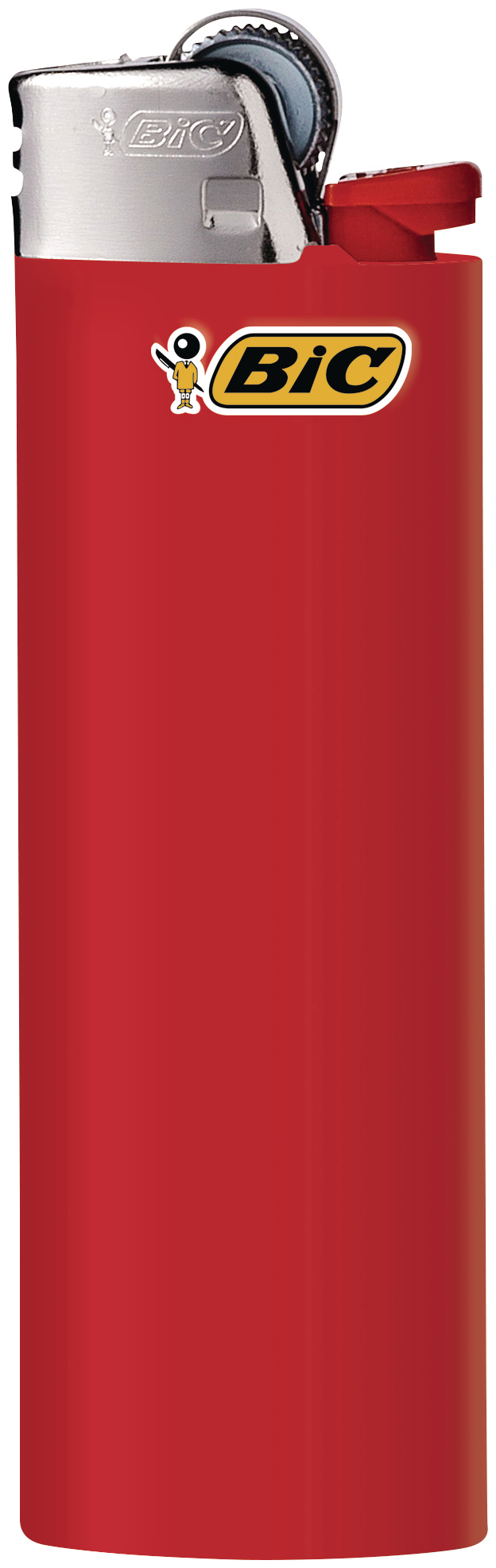 Rotes Bic-Feuerzeug mit weißem Bic-Logo und einem kleinen Cartoon-Charakter.