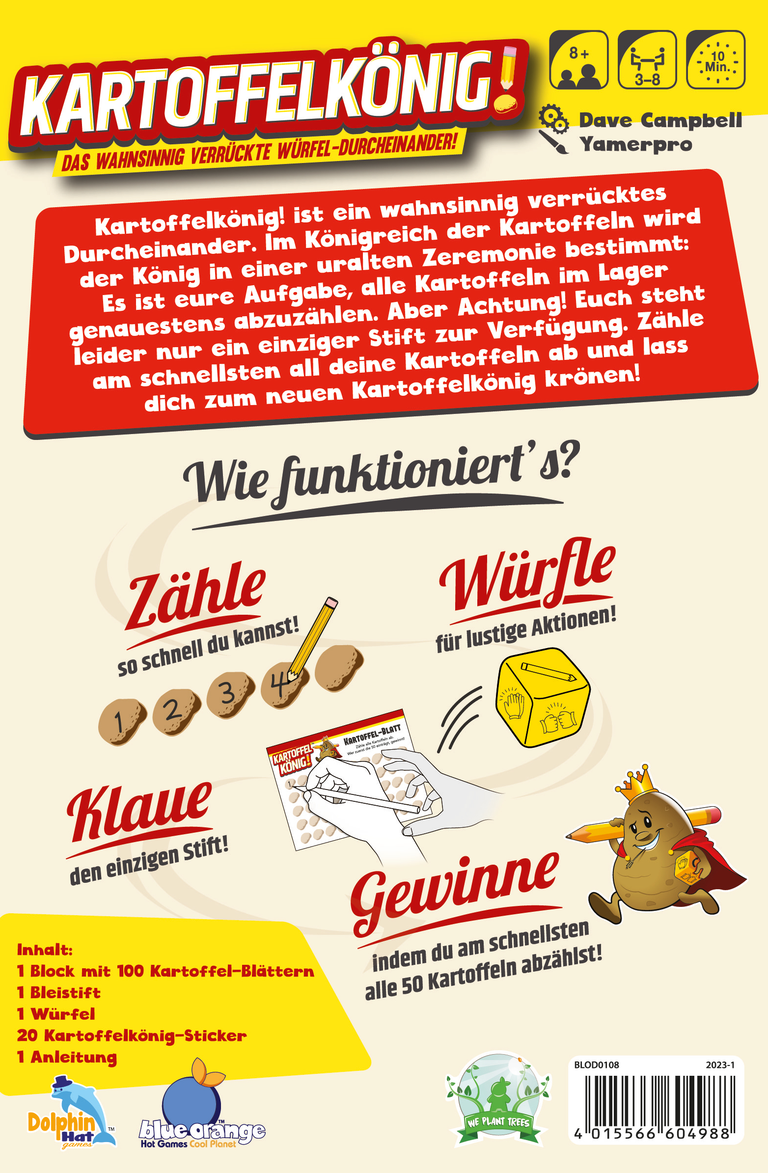 Rückseite einer Brettspielbox. Text und Grafiken erklären die Spielmechanik. Eine Kartoffel-Figur ist abgebildet.