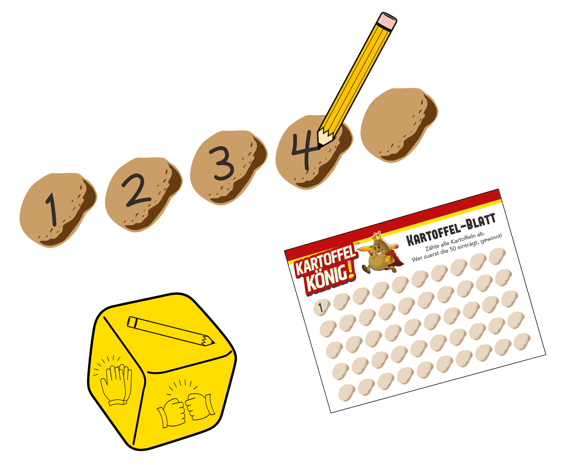 Ein Spiel mit nummerierten kartoffelförmigen Teilen, einem Würfel und einer Spielkarte mit Kartoffeln.