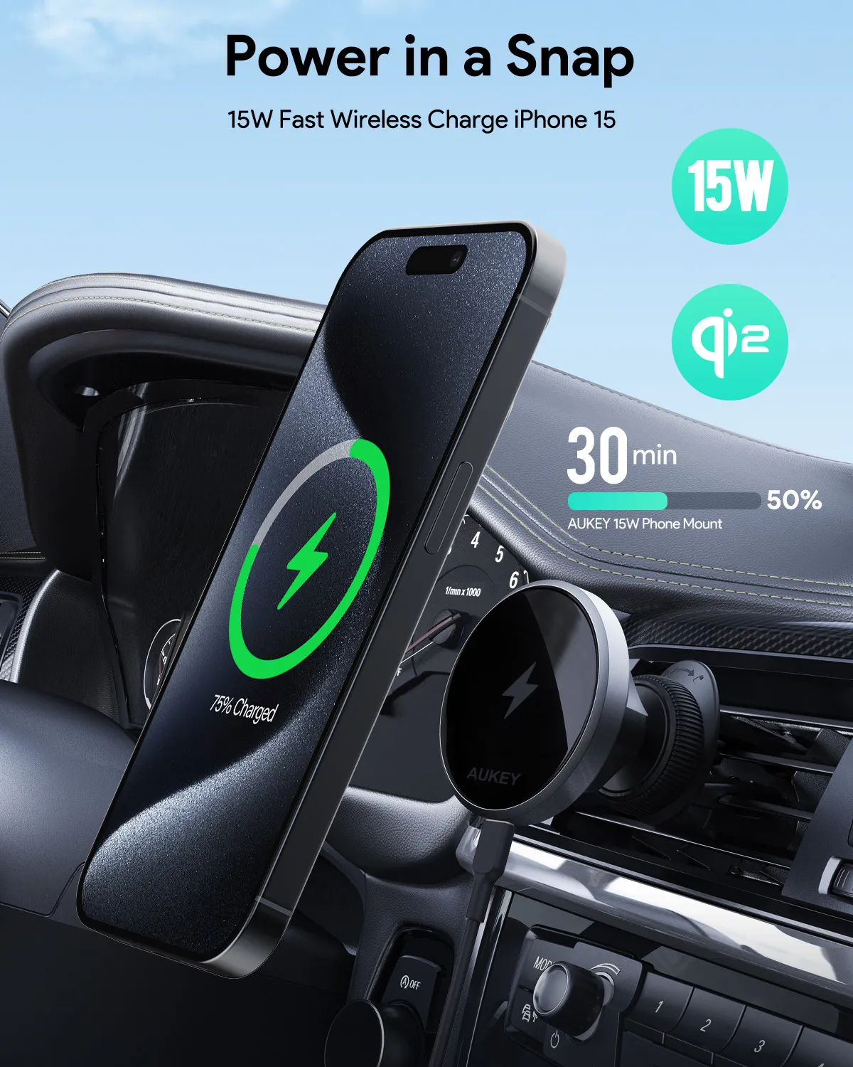 Téléphone en charge dans la voiture avec chargeur sans fil. Affichage 75% chargé.