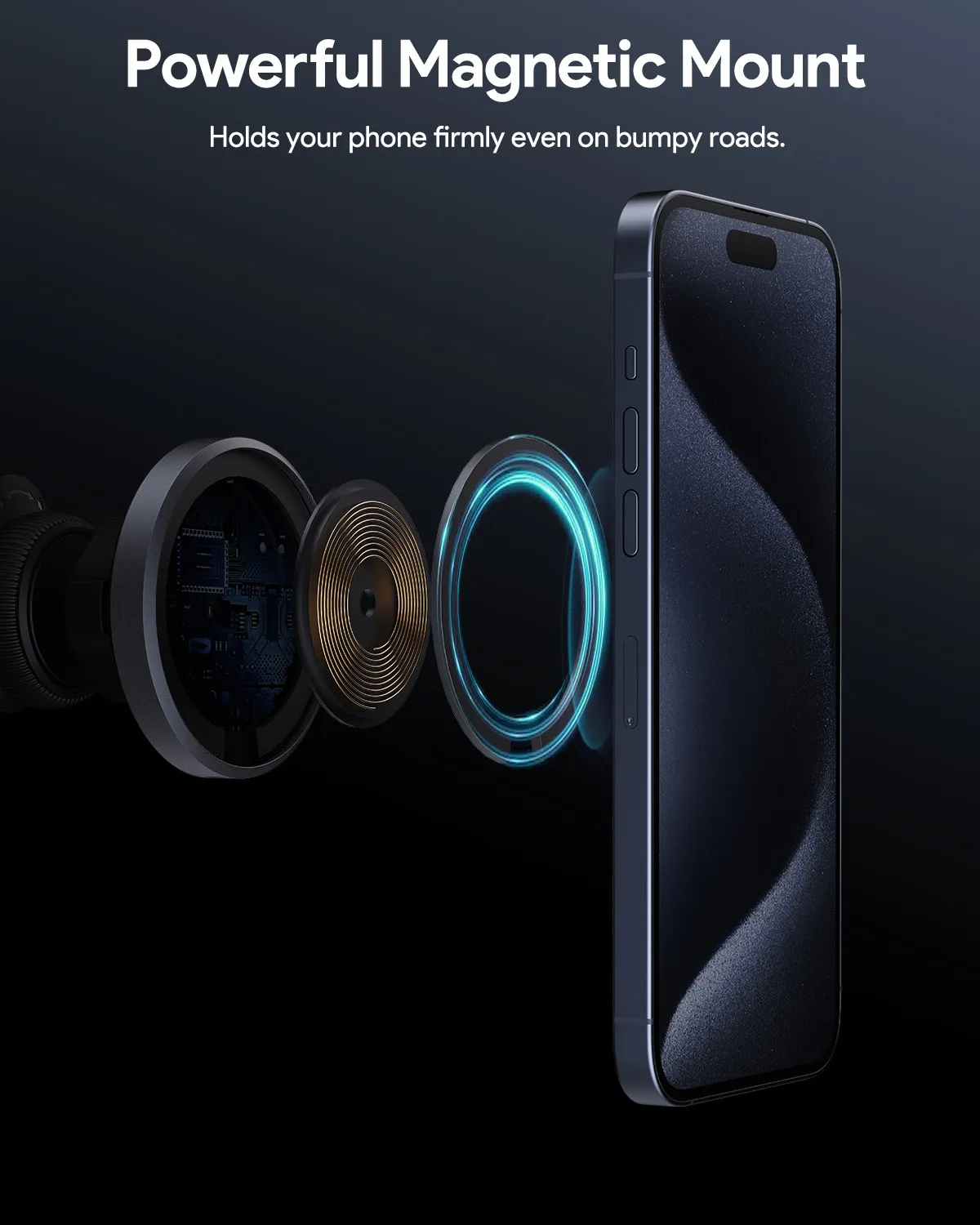Téléphone fixé magnétiquement à un support. Le texte dit 'Powerful Magnetic Mount'.