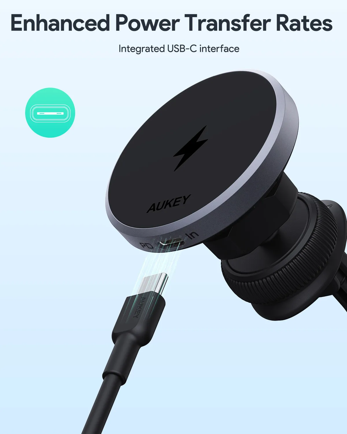 Un chargeur de téléphone noir avec un câble USB-C et un socle de chargement magnétique.